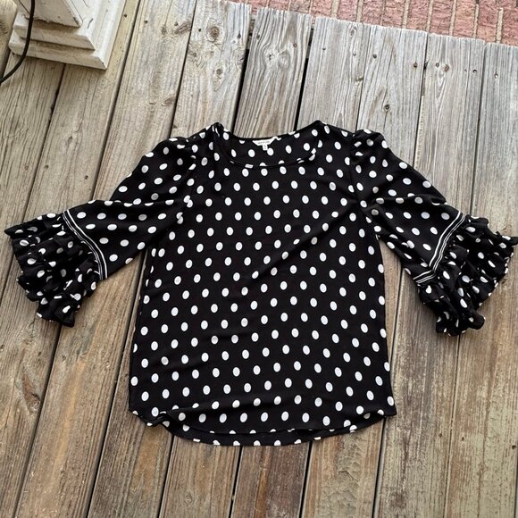 Max Studio Black Blouse White Polka Dots Ruffle 3/4 Sleeves Women Size XL Sheer - Picture 7 of 12